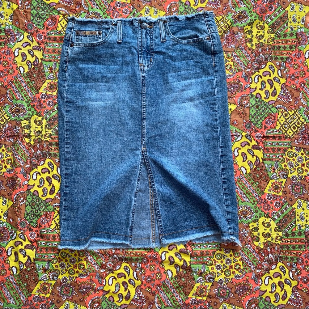 L.E.I Y2K Low Rise Denim Skirt with Raw Edge Details on Waist and Hem